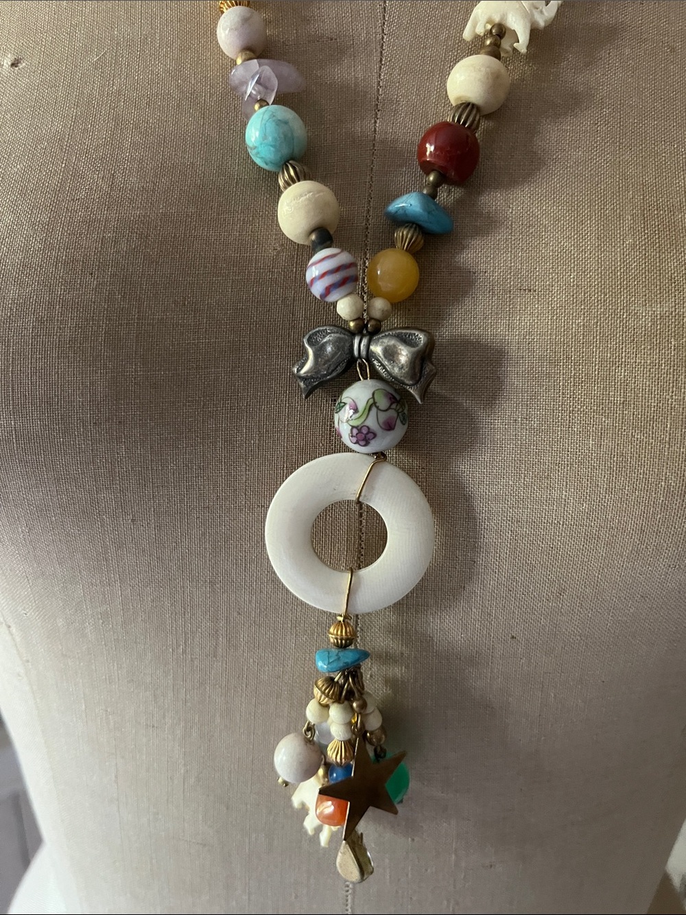 Katrina Bohemian White Bone & multi gem necklace